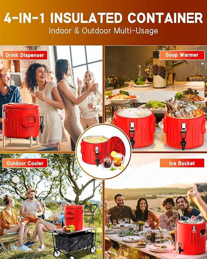 Insulated Beverage Dispenser 3.5 Gallon- Ice and Hot Drink Dispenser with 304 Stainless Steel Interior and Spout, Portable Hot Water Dispenser, Outdoors Cooler Jug for Camping Party Sports, New