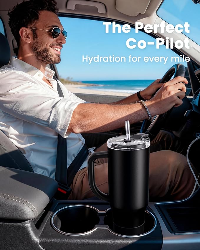Renoj Tumbler with Handle 100% Leak Proof Insulated Water Bottle for Iced Coffee & Hot Drinks - Fits Car Cup Holder, Ideal Gift, 2 Straws & Silicone Boot BPA-Free - SnapShift Black 40 oz
