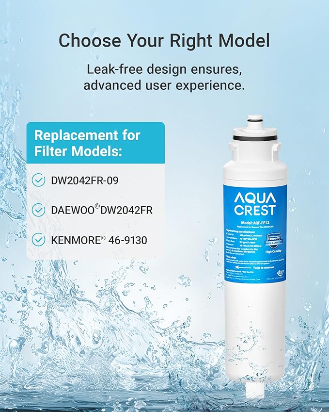 AQUACREST DW2042FR-09 Refrigerator Water Filter, Compatible with Daewoo DW2042FR, Kenmore 46-9130, DW2042FR-09, Aqua Crystal DW2042F-09