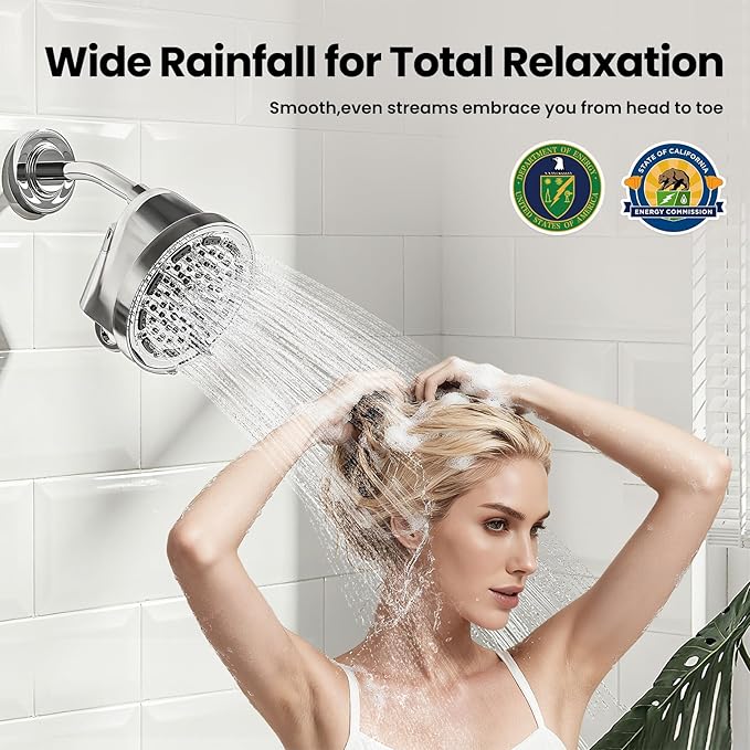 JOMOO 6 inch Rain Shower Head with Filter, High Pressure 5-Spray Mode Fixed Showerhead with Replaceable Filter Cartridge for Hard Water Remove Chlorine, Water Saving Bathroom Rainfall Shower Head
