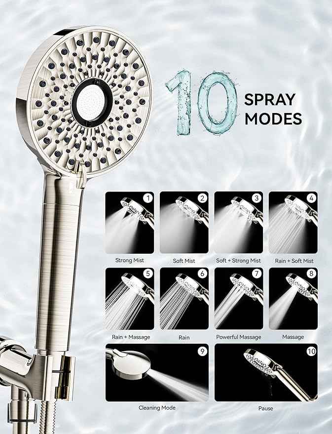 Filtered Shower Head with Handheld, High Pressure 10-Spd Detachable Chrome Showerhead with Stainless Hose, Water Softener Filter Beads for Hard Water - Remove Chlorine, Brushed Nickel-Silver