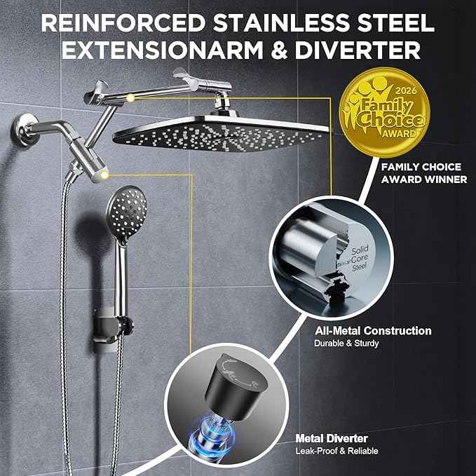 Veken 11.8" Rain Shower Head with Handheld, High Pressure Handheld Shower with Multi Spray Modes, Rainfall Combo with Metal Extension Arm, Detachable Dual Showerhead, Bathroom Decor, Chrome Silver
