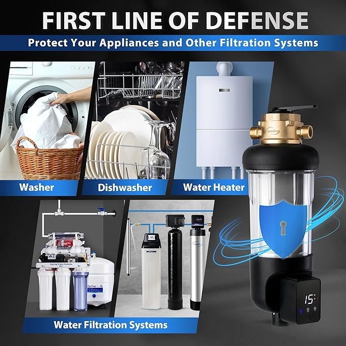 iSpring WSP200ARJ-BP, NSF Certified, Whole House Spin-Down Sediment Water Filter with Bypass, Clear Housing, Jumbo Size, Flushable and Reusable, Touch-Screen Auto Flushing, 4 Modes, 200 Microns
