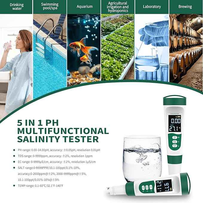 5-in-1 Digital PH Meter, with Voice Function, PH/TDS/EC/Temp/Salt Pool Salt Tester, Waterproof & Rechargeable Pen Meter for Swimming Pools, Fish Tank, Aquariums & Hydroponics