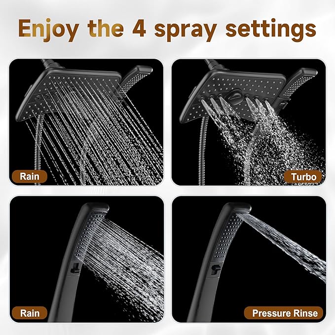 BRIGHT SHOWERS High Pressure Dual Shower Head Combo with Rainfall & Handheld, 4 Spray Settings, Tool-Free Installation, 60" Stainless Steel Hose, Matte Black