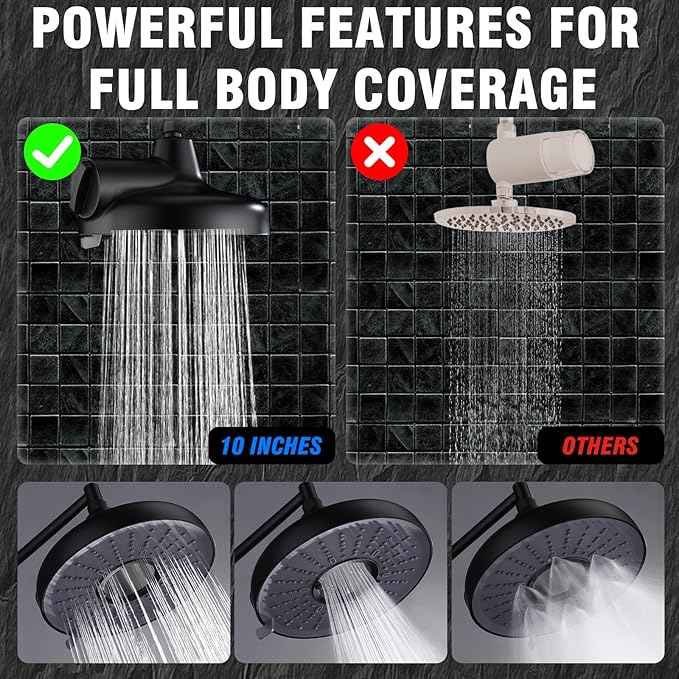 Dual Filtered Shower Head, 8 Inch 3 Spray Mode High Pressure Rainfall Showerhead with Handheld Combo, 10 Inch Adjustable Extension Arm and 60" Hose, Shower Head Filter for Hard Water, Black