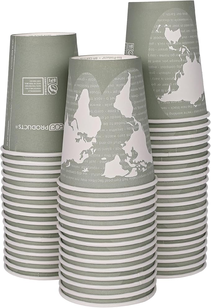 ECO PRODUCTS Compostable Disposable World Art 12oz Large Coffee Cups, Pack of 50, Renewable Hot Paper Cup, Plant Based PLA Lining, Color Coded