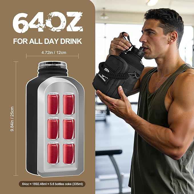 NATURE PIONEOR 64 oz Tactical Water Bottle Set, Stainless Steel Half Gallon Insulated Water Bottle with Tactical MOLLE Bottle Carrier Sleeve, for Outdoor Work, Gym, Hiking, Camping