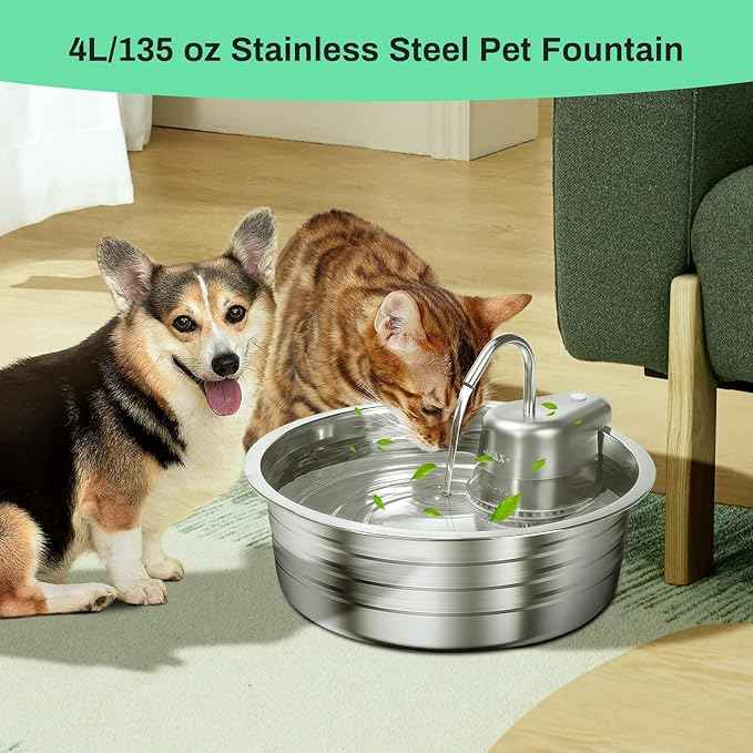 Cat Water Fountain, 4L/135OZ Stainless Steel Pet Fountain with 6 Filters Dog Water Dispenser, Dog Water Bowl Cat Drinking Fountains Watering Supplies with Ultra-Quiet Pump for Pets Indoor