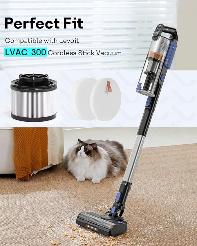 18 PCS LVAC-300 Vacuum Filter Replacement, Compatible with Levoit LVAC-300 Cordless Stick Vacuum Cleaner, LSV-V202F-WUS, 2 Post-Motor Filters + 8 Felt Filters + 8 Foam Filters - AquaVibe