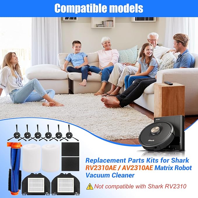 RV2310AE Replacement Parts for Shark AV2310AE/RV2320S/RV2300S/UR2350AE/UR2360S Matrix Robot Vacuum Cleaner,1 Main Brush Roller, 6 Side Brushes, 2 HEPA Filters, 2 Foam Filters(Not for RV2300/RV2310) - AquaVibe