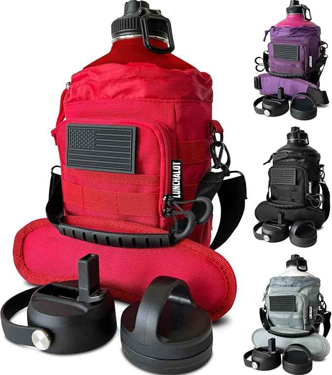1 Gallon Water Bottle - 128 Oz Insulated Stainless Steel Metal Water Bottle with Holder - Carrying Bag - Spout Handle - Straw Lids - Keep Cold & Hot - Red Tactical Flask