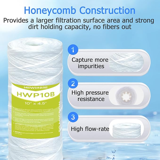 50 Micron Whole House Water Filter Cartridge, String Wound Sediment Filters for Well Water, Replacement for 84637, WPX5BB97P, WP10BB97P, WP25BB97P - 10" x 4.5" Cartridges - Pack of 4