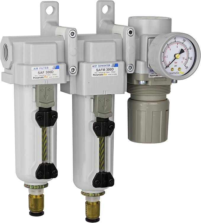 PneumaticPlus SAU330-N03DG-MEP Three Stage Compressed Air Drying System - Particulate Air Filter, Coalescing Filter, Air Pressure Regulator Combo 3/8