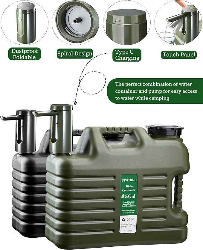 Portable 5 Gallon Water Jug with Automatic Touch Control Pump,Truly No Leakage Water Container with Spigot,Type-C Rechargeable Black Water Pump Gear for Outdoors Camping Hiking