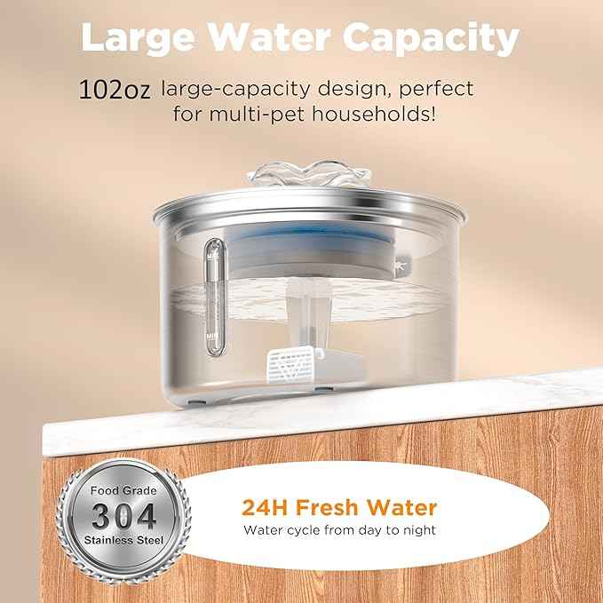 Stainless Steel Cat Fountain, 102 oz/3L Automatic Pet Fountain for Cats and Small Dogs, Ultra-Quiet Pump with White LED Light, Water Level Window