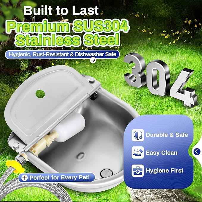 Automatic Animal Drinking Water Bowl with Drain Hole & Float Valve, 71" Extended Pipe, Stainless Steel Waterer Feeder Farm Dog Dispenser Kit Self Filling for Livestock Horse Goat