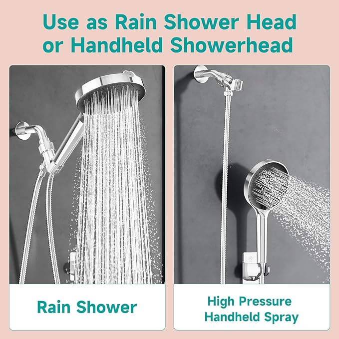 6“ Filtered Shower Head with Handheld, 6-Spray High Pressure Shower Head with Filter for Hard Water, Detachable Handheld Showerhead with Hose and Shower Arm Bracket, Chrome-Black - AquaVibe