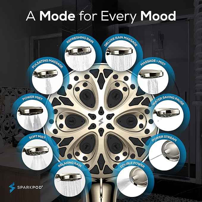 SparkPod 10-Mode Handheld Shower Head with Filter - 5" High Pressure Filtered Shower Head with Touch-to-Clean Nozzles, Built-In Power Jet, Stainless Steel 6ft Hose & Bracket (Brushed Nickel)