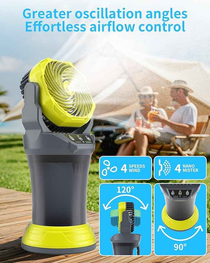 AVV Portable Misting Fan with RGB Ambient Light -2L Water Tank, 4 Speeds & Spray Mist Fan, 30000mAh Rechargeable Misting Fans for Outdoor/Indoor Fans for Camping, Patio, Garden, Grey-Green