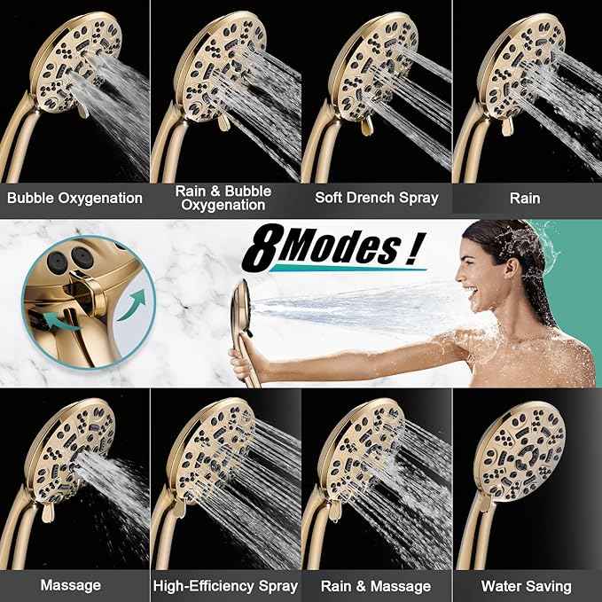Cobbe 8 Functions Shower Head with handheld, High Pressure Shower Head Set with Hose Adjustable Bracket Rubber Washers (Gold)