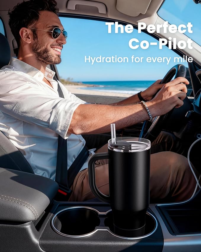 Renoj Tumbler with Handle 100% Spill Resistant Insulated Water Bottle for Iced Coffee & Hot Drinks - Fits Car Cup Holder, Ideal Gift, 2 Straws & Silicone Boot BPA-Free - FlexSlide Black 32 oz