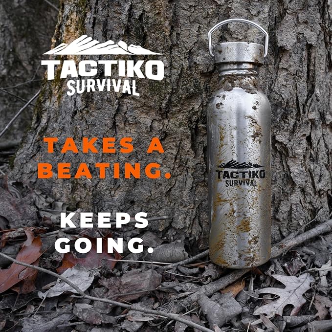 Tactiko Survival 25 oz/750 ml Stainless Steel Wide Mouth Water Bottle, Single Wall Boil-Safe, Leakproof, BPA-Free with Carry Sleeve and Strap for Camping, Hiking, Outdoor Prep (Tan)