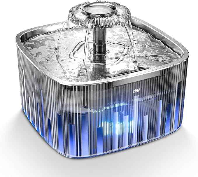 Cat Water Fountain: 75oz/2.2L Automatic Pet Water Dispenser for Cats with 304 Stainless Steel Water Tray, Musical Wave Design with LED Indicator Pet Water Fountain for Cats Inside