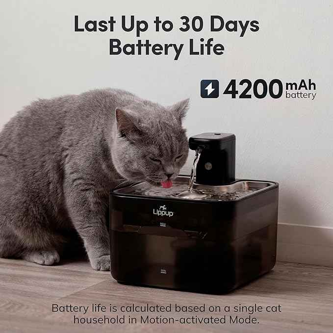 Cat Water Fountain Cordless, 88oz/2.6L Wireless Pet Water Fountains for Cats Indoor, Battery Operated Cat Drinking Fountain with Motion Sensor, Ultra Quiet Pump, BPA-Free, Black