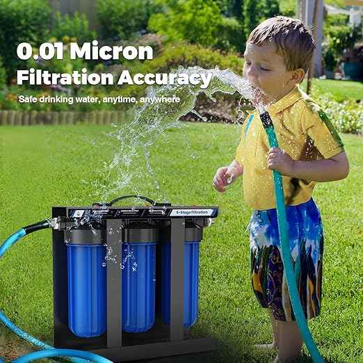 RV Water Filter System,5-Stage Water Filtration for Rvs and Campers, 0.01 Micron Filters Out Sediments, Chlorine, Vocs, Heavy Metals, Odors for Travel Trailers, Boats, 1" Inlet/Outlet