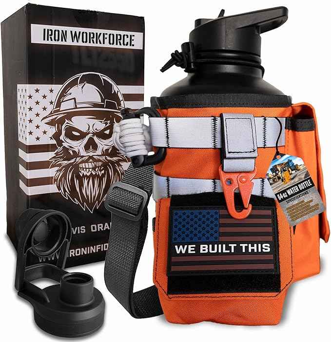 Iron Infidel Workforce Water Bottle - 64 oz Insulated Stainless Steel | Half Gallon Vacuum Water Jug | Paracord Handle, Removable Sleeve | Large Thermal Flask | Hiking, Camping, Workouts (Orange)