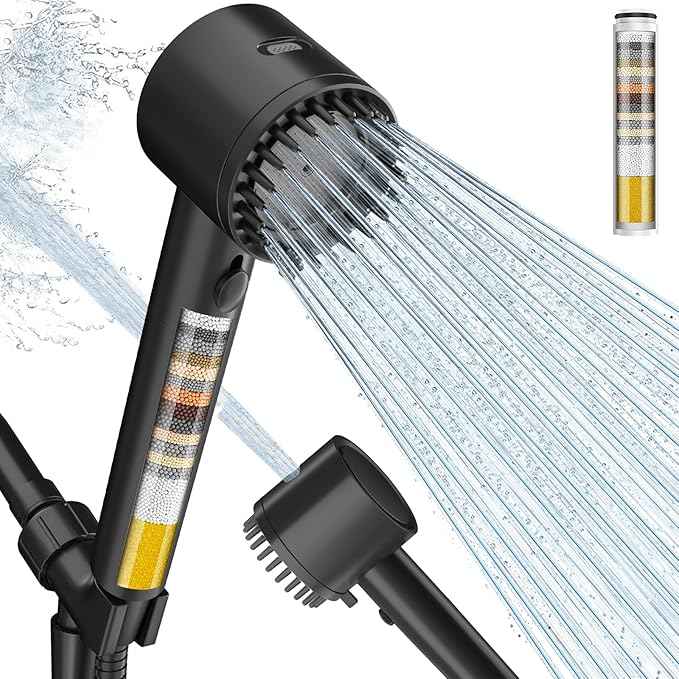 Cobbe Ion Drops Filtered Shower Head with Handheld, High Pressure 4+1 Spray Mode Showerhead with Filters, Built-in Power Wash for Hard Water - Remove Chlorine - Reduces Dry Itchy Skin, Black
