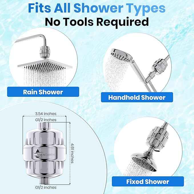 Aqua Earth 15 Stage Shower Filter 3 cartridges Included with Vitamin C Shower Filters for Hard Water Unique Coconut Shell Activated Carbon Technology
