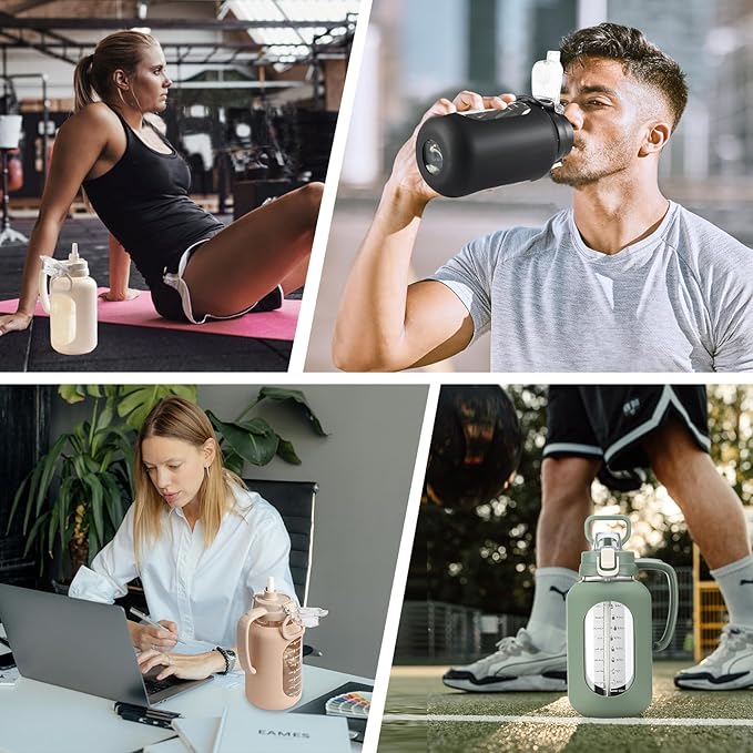 64 oz Glass Water Bottle with Handle and Straw Large 2L Water Bottle with Time Markers and Silicone Sleeve Half Gallon Water Jug BPA Free for Gym Daily Use