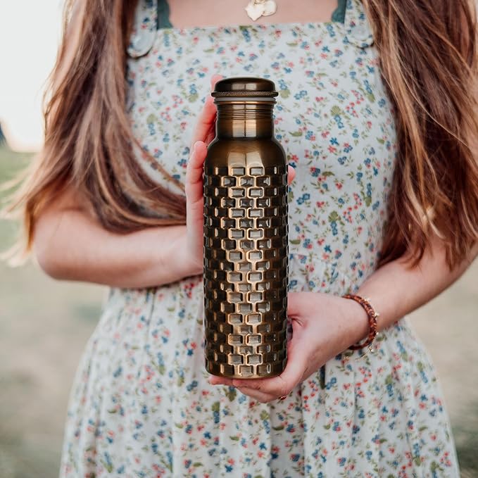 Black Bricks Design Pure Copper Water Bottle for Drinking Travel Water Bottle for Gym, Office, Hiking, Outdoor – Ayurvedic Bottle Joint Less Leak Proof