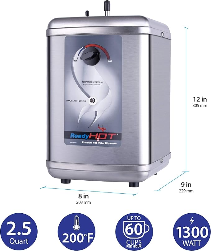 Ready Hot 41-RH-200-F570-CH Instant Hot Water Dispenser System, 2.5 Quarts Manual Dial Single Lever Hot Water Faucet, Polished Chrome
