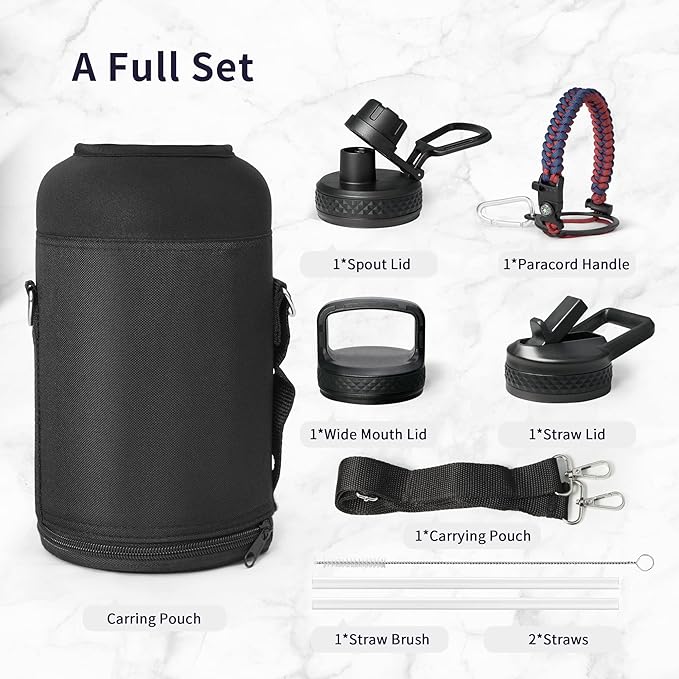 Trebo Insulated Water Bottle 64 oz, Half Gallon Metal Vacuum Water Jug with Paracord Handle and 3 Lids, Leakproof BPA-Free Flask for Gym Sports Hiking Travel, Keep Cold 48 Hours, Ruby Red