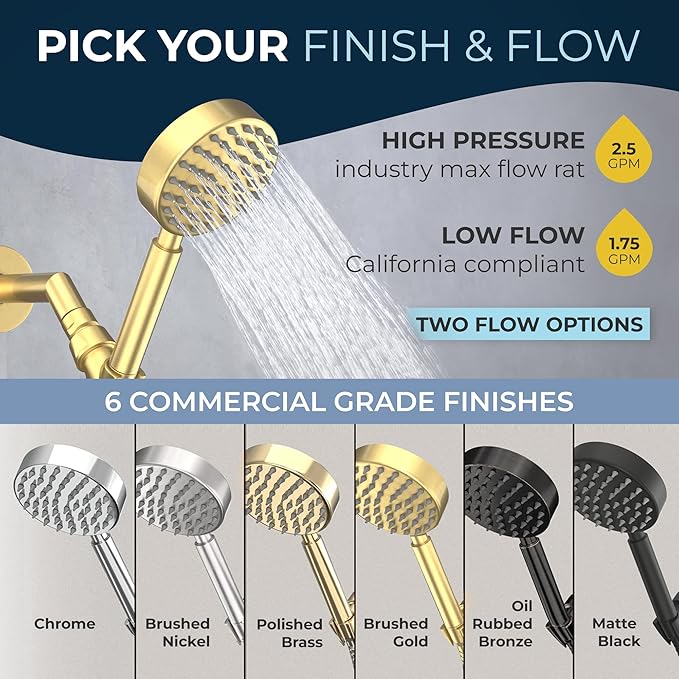 HammerHead Showers® Solid Metal Handheld Shower Head with Hose and Brass Holder - BRUSHED GOLD - 2.5 GPM High Pressure Shower Heads with Adjustable Shower Wand Bracket - 6ft Flexible Extension