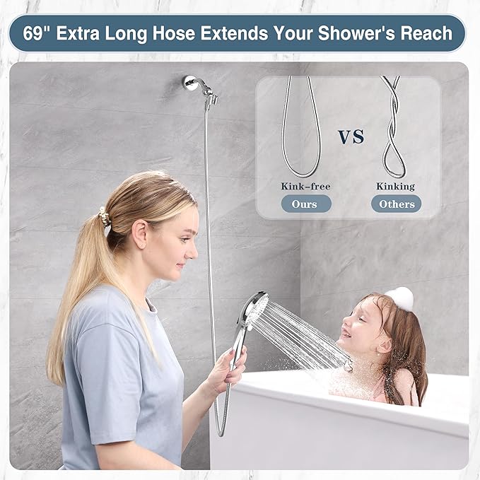 BRIGHT SHOWERS High Pressure Shower Head with Handheld, 9 Spray Settings Showerhead Built in Power Wash to Clean Tub and Pets, Extra Long 69" Hose, Adjustable Bracket, Chrome - AquaVibe