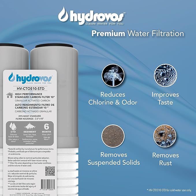 HYDROVOS 10" x 2.5" Whole House Water Filter, CTO Carbon Water Filter Replacement, High Efficiency 2-in-1 GAC & PP Removes Sediment, Chlorine, Pack of 4
