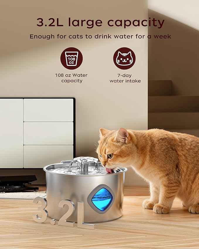 Cat Water Fountain Stainless Steel - 108oz/3.2L Pet Gift Dog Water Dispenser Automatic Silent Cats Dispenser for Drinking Indoor Metal Kitty Spout Fountains with 2 Filters and 2 Sponges