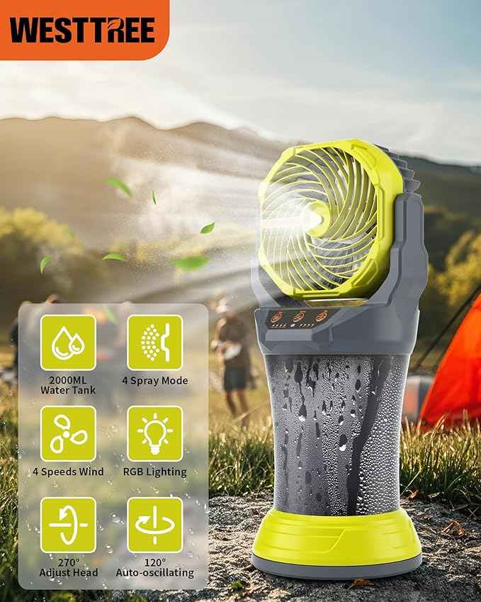 Portable Misting Fan with 30000mAh Battery Fan-Rechargeable Outdoor Misting Cooling Fans with 2L Water Tank,RGB Lights,4 Speeds & Spray Modes-for Patio, Camping, Beach, Workshop (Gray-Green)