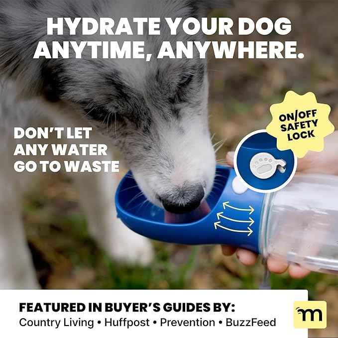 MalsiPree Dog Water Bottle Dispenser for Walks - 12 oz Navy Blue - Leak-Proof Lock & One-Hand Operation - On The Go Dog Water Dispenser- Pet Travel Bottle with Built-in Bowl, for Hiking & Travel