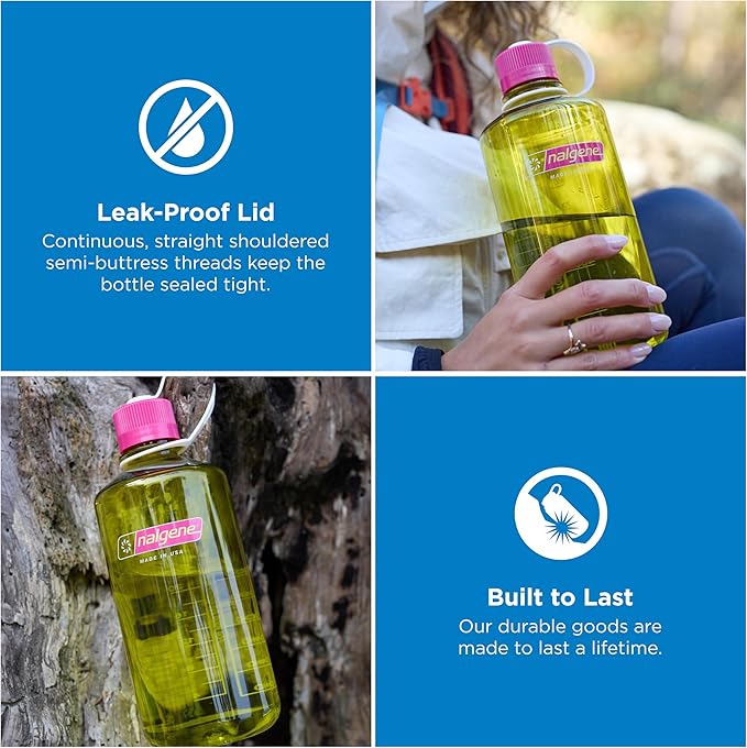 Nalgene 32 oz Narrow Mouth Water Bottle | BPA-Free, Durable & Leak Proof, Lightweight for Gym & Office – Thrill & Motion, Endive w/Fuschia Purple