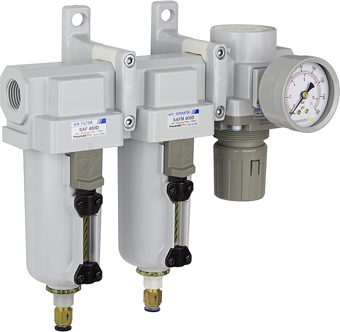 PneumaticPlus SAU430-N04DG-MEP Three Stage Air Drying System Particulate Air Filter, Coalescing Filter, Air Pressure Regulator Combo 1/2