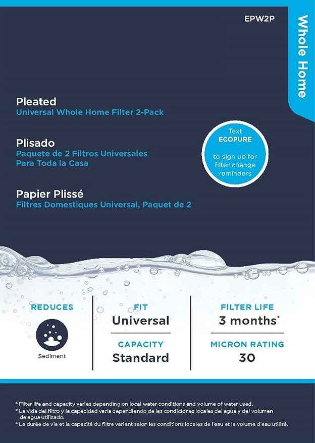EcoPure EPW2P Pleated Universal Whole Home Water Filter, Fits Standard Capacity Systems, NSF Certified, 30 Micron Reduces Sediment, Sand, Dirt & Rust – 3-Month Life per Filter, 2 Count (Pack of 4)