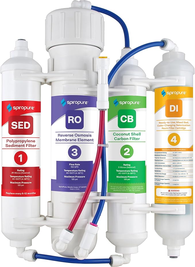 SpiroPure SP-RO400AQD 150 GPD RO DI Water Filter System for Aquariums, Reefs; 4-Stage Apartment RO Countertop Reverse Osmosis System with Deionization, Tankless