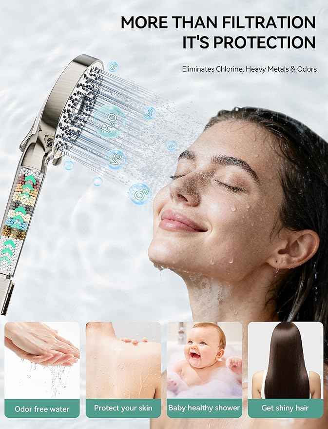 Filtered Shower Head with Handheld, High Pressure 10-Spd Detachable Chrome Showerhead with Stainless Hose, Water Softener Filter Beads for Hard Water - Remove Chlorine, Brushed Nickel-Silver