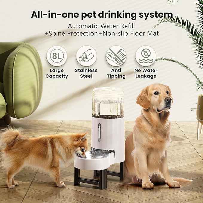CZPET Elevated Dog Water Bowl Dispenser for Large Dogs,8L Tall Raised Pet Waterer Stand,Relieve Neck Pressure,Large Capacity and Drinking Area Noise-Free for Pets (8L+Stand,White)