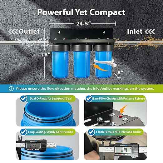 iSpring 3-Stage Whole House Water Filter System, Reduces Iron, Manganese, Hydrogen Sulfide, Heavy Metals, Chlorine, Sediments, 10” x 4.5” Filters, 1” Inlet/Outlet, Model: WGB31B-MKS